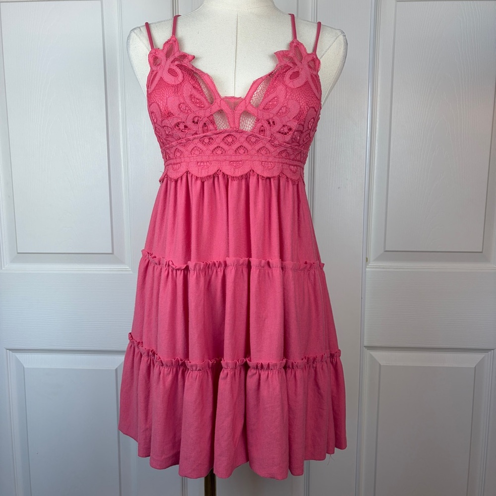 Pink Lace Tiered Dress